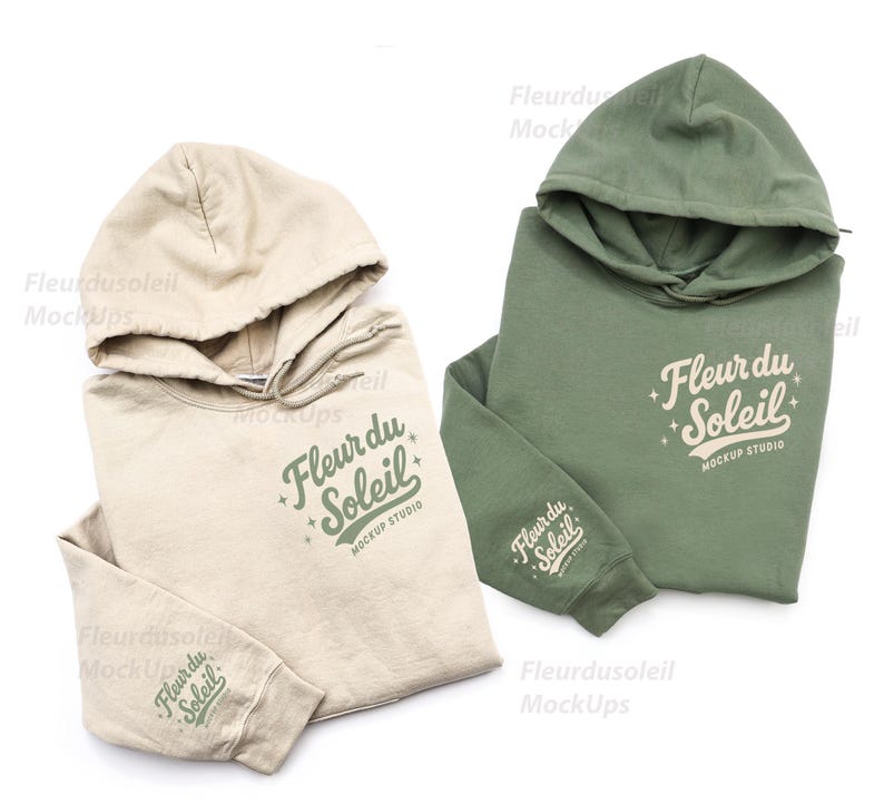 Gildan 18500 Sand & Military Green Couple Hoodie Mockup, Mr and Mrs Wedding, Sleeve Detail, Folded Flat Lay