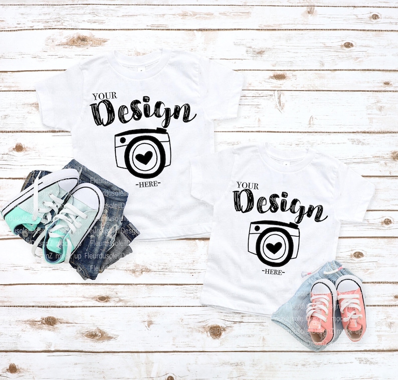 Sibling Mockup Bella Canvas White 3001t Shirt Kid Shirt Flat lay White toddler shirt mockup brother sister White Sibling T-Shirt Mockup image 1