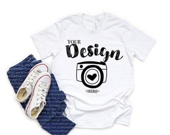 Maqueta de camiseta infantil Bella Canvas 3001Y, camiseta blanca juvenil, maqueta de camiseta plana, maqueta de camiseta plana de primavera / maqueta de camiseta infantil
