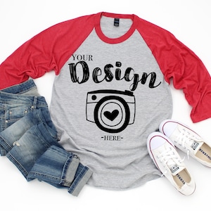 Tultex 245 raglans Heather grey-Heather Red Mockup T-shirt  Mock Up, Flat Lay Mockup raglan mockup Raglan Flat Lay Mockups Raglan Mockups