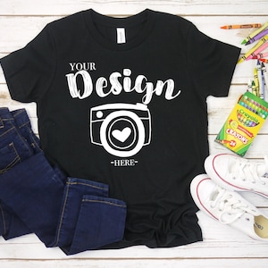 Bella Canvas 3001Y Youth black Jersey Short-Sleeve T-shirt Flat Lay T-Shirt Mock Up Mock Up Flat Lay