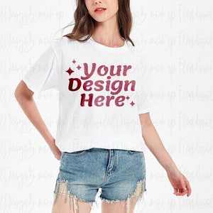 Gildan 64000 White Shirt Flat Lay Mockup Simple Neutral Boho Aesthetic Tee G640 White  Tshirt Mock-up Real Model Mock