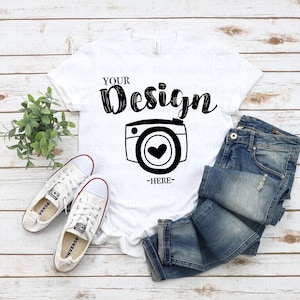 Maqueta de camisa blanca Bella Canvas 3001 / Maqueta de camiseta plana / Foto de camiseta POD neutra bohemia