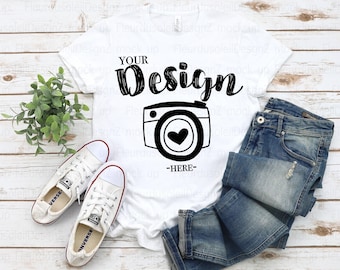 Bella Canvas 3001 Vit Skjorta Mockup | T-shirt Flat Lay Mockup | Boho Neutral POD T-shirt Foto