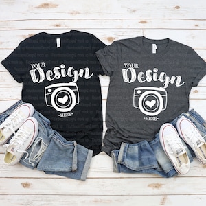 family t-shirt mockup Bella Canvas 3001 Black& Dark Grey Heather Mock Up Shirts Family Flat Lay bella canvas mockups