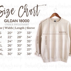 Gildan 18000 Size Chart | Hanging Size Chart for Gildan | Gildan 1800 Mockup and size chart | White background Gildan 18000 Size Guide