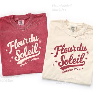 Può includere: Due magliette, una rossa e una color crema, con la scritta "Fleur du Soleil Mockup Studio" in corsivo. Ogni maglietta ha una delicata collana d'argento con un ciondolo a stella. Le magliette sono piegate.