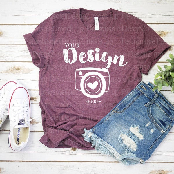 Bella Canvas 3001 Heather Maroon Flat Lay Mockup camiseta maqueta granate Bella Canvas maqueta camiseta Maqueta femenina maqueta