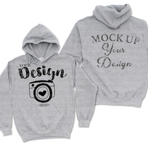 Gildan davanti e dietro Gildan18500 Felpa con cappuccio Marchio Sport Felpa con cappuccio grigia Mockup t-shirt mockup Gildan Flat Lay Shirt Mock Up