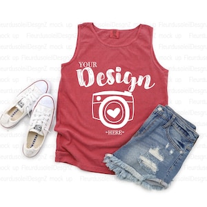 Comfort Colors 9360 Crimson Tank Top Mockup, CC9360 Red Tank Flat Lay, Real Photo, Simple Minimal Neutral Basic Plain Background Mockup