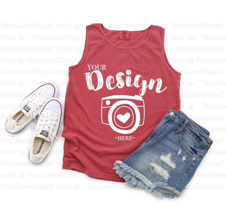 Comfort Colors 9360 Crimson Tank Top Mockup, CC9360 Red Tank Flat Lay, Real Photo, Simple Minimal Neutral Basic Plain Background Mockup