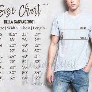 Tabela de Tamanhos Bella Canvas 3001 | Tabela de Tamanhos de Camisetas | Medidas de Camisetas | Tabela de Tamanhos para Modelo Masculino