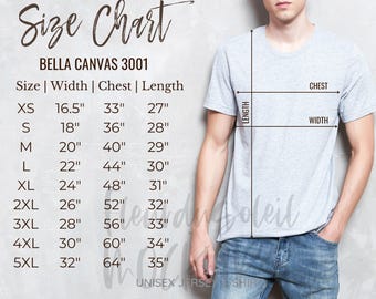 Bella Canvas 3001 Size Chart | tshirt Size Chart | T-shirt Sizing Chart | Shirt Measurement | Male Model Sizing Chart