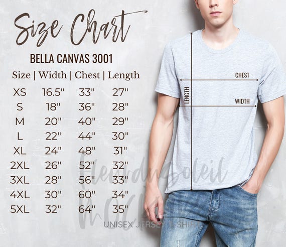 Bella Canvas 3001 Size Chart | tshirt Size Chart | T-shirt Sizing Chart | Shirt Measurement | Male Model Sizing Chart