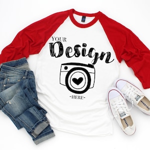 Tultex 245 raglans White-Red Mockup T-shirt Mockup, Mock Up, Flat Lay Mockup raglan mockup Raglan Flat Lay Mockups Raglan Mockups