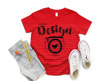 Bella Canvas 3001Y Youth Red Jersey Short-Sleeve T-shirt Flat Lay T-Shirt Mock Up Mock Up Flat Lay