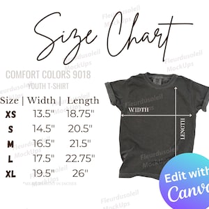 Comfort Colors 9018 Youth Size Chart Editable Canva Template | 9018 Size Chart Mockup | Youth T Shirt Size Guide