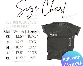 Comfort Colors 9018 Youth Size Chart Editable Canva Template | 9018 Size Chart Mockup | Youth T Shirt Size Guide