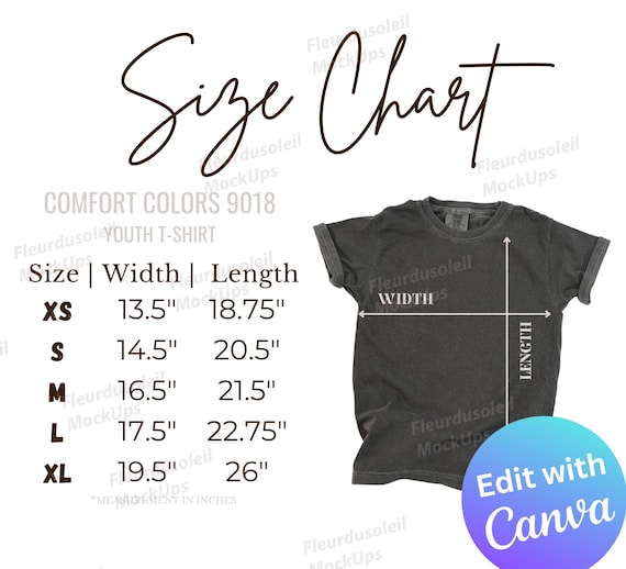 Comfort Colors 9018 Youth Size Chart Editable Canva Template | 9018 Size Chart Mockup | Youth T Shirt Size Guide