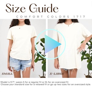 ビデオ コンフォートカラーズ 1717 サイズガイド、トレンドのオーバーサイズサイズ表、Tシャツサイズガイド、C1717 POD サイズ比較表