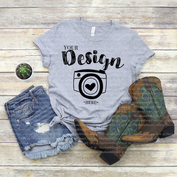 Western T-Shirt Mock Up | Cowgirl Cowboy Boots | Bella Canvas 3001 Athletic Heather t shirt Mockup | tshirt mockup with boots