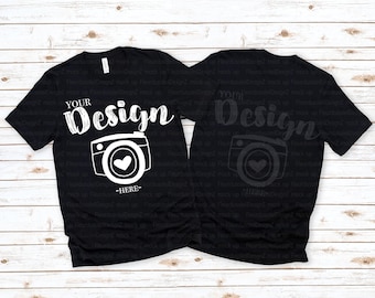 Front & Back Bella canvas 3001 Black TShirt Mockup t-shirt mockup  Shirt Mock Up,Modern Shirt Mockup, White Wooden Background
