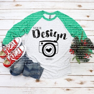 Next Level 6051 Envy Heather White Unisex Baseball T-shirt Mockup t shirt mock up next level christmas mockup flatlay christmas raglan