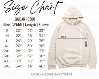 Gildan 18500 size chart 18500 Hoodie mockup unisex size chart Gildan heavy cotton Hoodie sweatshirt simple size chart