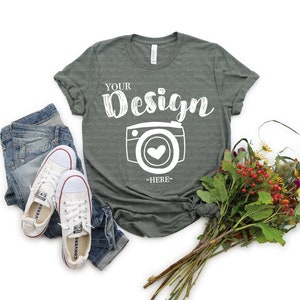 Bella Canvas Mockup Fall Bella Canvas Mockup | maquette de t-shirt en toile bella | Bella Canvas 3001 Maquette de chemise | Heather Vert militaire