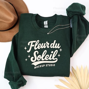 Gildan 18000 Forest Green Sweatshirt Mockup | G180 Green Crewneck Flat Lay | Neutral Minimal Folded Real Photo Mockup