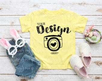 Easter Kids T-Shirt Mockup 3001T Yellow MOCK UP yellow Tshirt Mock Up Toddler Mockup Wood Background Kids Tee Mock Up