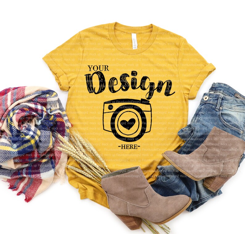 Download Bella Canvas Mockup Fall Bella Canvas 3001 Mustard t-shirt ...