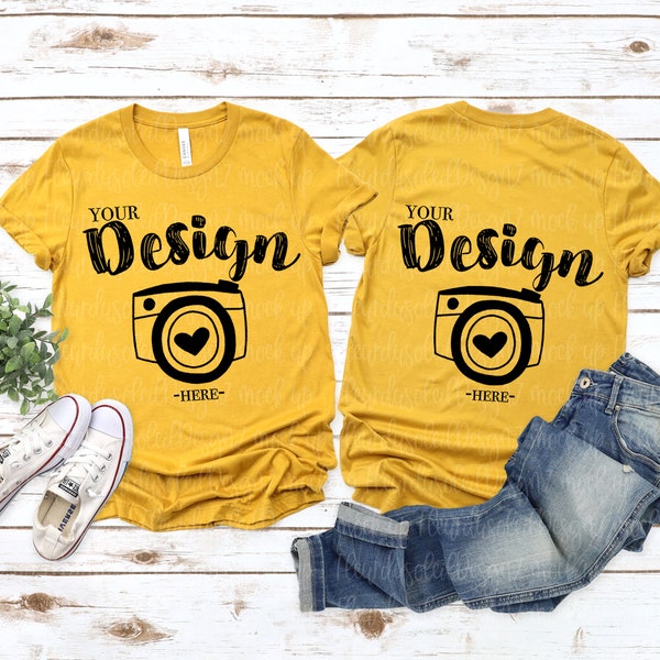 Front and Back Bella Canvas 3001 Mustard Flat Lay Mockup bella canvas 3001 mockup T-shirt Mockup Unisex Tee Mockup tee mockup