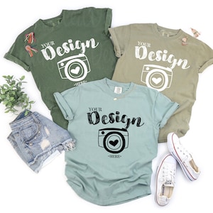 Maqueta de camiseta Comfort Colors 1717 Maqueta de camiseta Comfort Colors Trio Maqueta de grupo Comfort Color Camiseta de grupo Diseño plano