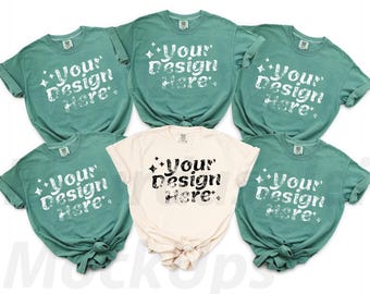 Maqueta de camiseta Comfort Colors 1717 Group / Maqueta de camiseta marfil y verde claro / Foto real en plano