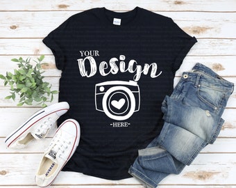 Gildan 64000 Black Unisex TShirt mockup Gildan Softstyle Tshirt Mockup Flat Lay Shirt Mock Up Fall mockup,White Wooden Background