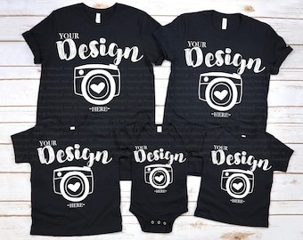 Familie leeg zwart T-shirt Bella Canvas 3001/3001t/100b zwarte mock-up shirts familie plat leggen bella canvas mockups peuter