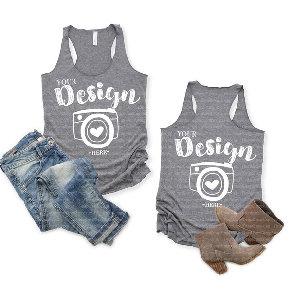 Front & back Bella canvas 8430 Grey Triblend Tank Flat Lay, Racerback Tank Mock Up tank Top Mock Up Flat Lay, T-Shirt Blank tank top mockup