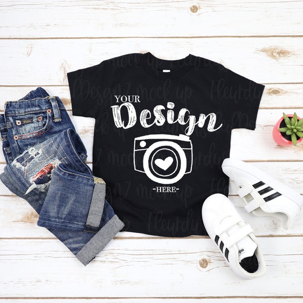 kids t shirt mockup Bella Canvas 3001T Black T-Shirt Jersey Unisex T-Shirt Toddler Flat Lay kids tee mockup gilr mockup t-shirt mockup kids