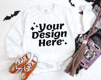 Gildan 18000 Sweatshirt white Mockup 18000 white Heavy Blend Sweatshirt FLAT LAY Mockup Fall Mockup Halloween Mockup