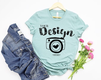Bella Canvas 3001 Heather prism Dusty Blue, Flat Lay Mockup, Mock Up  flat lay Bella Canvas mock up T-shirt Mockup
