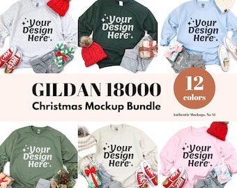 May include: A mockup bundle showcasing Gildan 18000 sweatshirts in diverse colours, each styled with jeans, beanies, and trainers. The sweatshirts display the text "Your Design Here." and are presented with Christmas-themed accessories.