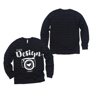 Front & Back Bella Canvas 3501 Black Heather Unisex T-shirt Mock Up Long Sleeve T-Shirt Mock Up men black tee mockup bella canvas mockup