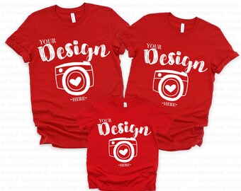 Family Blank Red T-Shirt Bella Canvas 3001/3001t red Mock Up Shirts Family Flat Lay bella canvas mockups kids