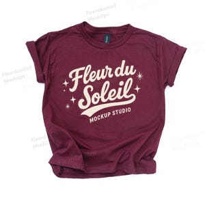 Può includere: Una maglietta bordeaux con le maniche arrotolate. La maglietta presenta la scritta "Fleur du Soleil" in un carattere bianco stilizzato, con "Mockup Studio" sotto. Il design include stelle.