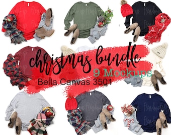 Kerstmodelbundel | Canvasmodel Bella | Bella Canvas 3501 mock-up | Mockup kerstmis-T-shirt Mockup-bundel
