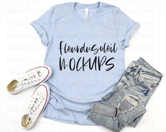Mockup T-shirt Bella Canvas 3001 HEATHER PRISM BLUE | Mockup canvas T-shirt Bella | Model T-shirt 3001 zomer Boho-model