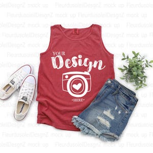 Comfort Colors 9360 Crimson Tank Top Mockup, CC9360 Red Tank Flat Lay, Real Photo, Simple Minimal Neutral Basic Plain Background Mockup