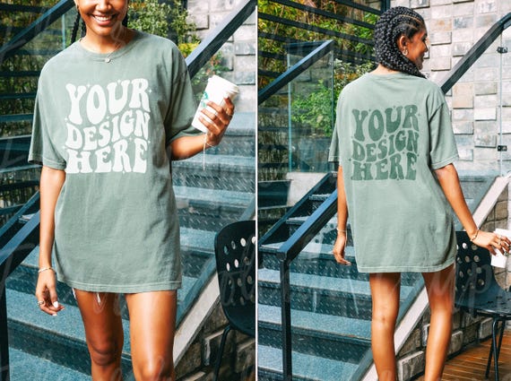Front And Back Mockup Comfort Colors C1717 Moss T Shirt Model Mockup outdoor Backside Mockup