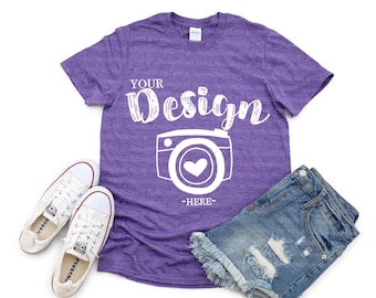 Gildan 64000 Heather Purple Unisex TShirt mockup Gildan Softstyle Tshirt Mockup t-shirt mockup for summer